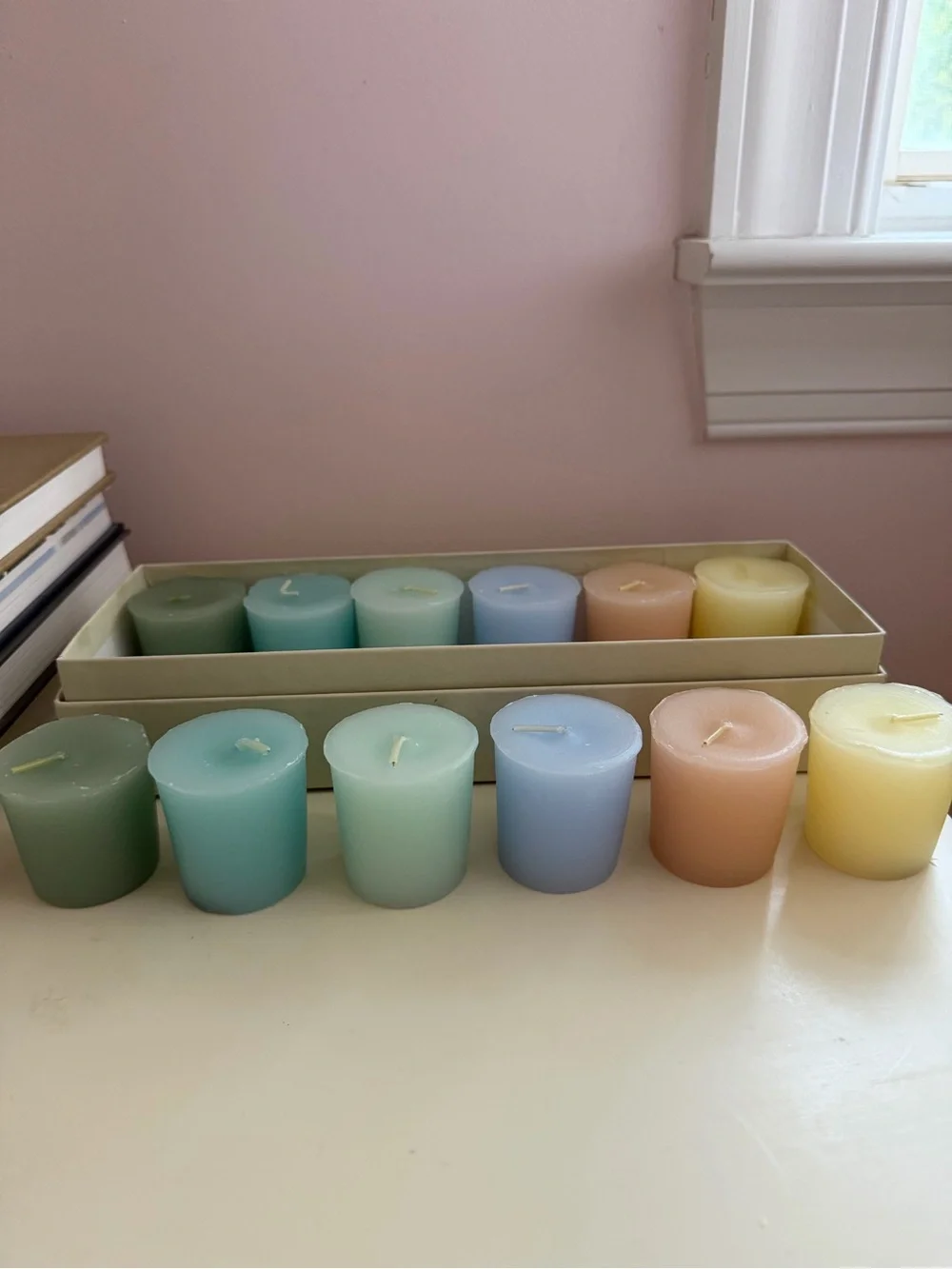 NEW Votive Candles Set of 12 Pastel Colors Unscented Boxed Pillar 2” Tall